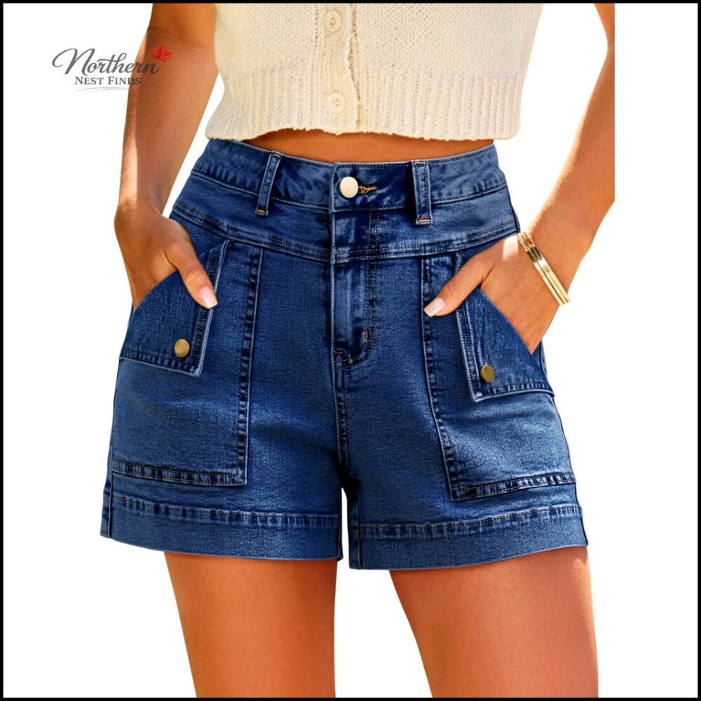 High Waist Stretchy Denim Jean Shorts with Cargo Pockets